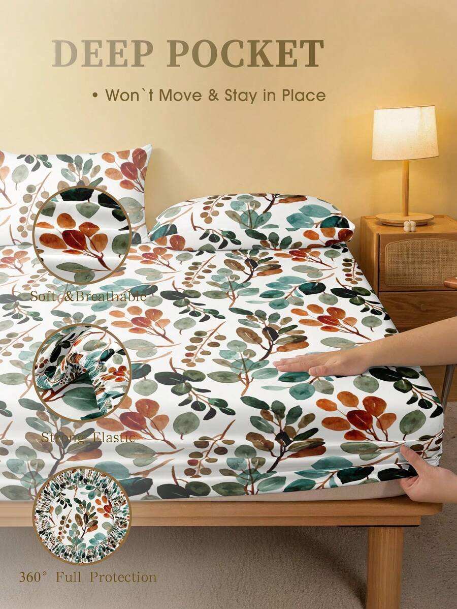 Floral Leaf Printed Fitted She - Fitted Sheet Deep 评论和价格